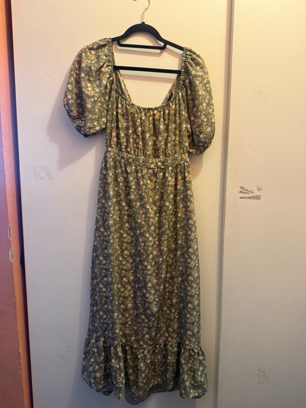 Olive Green Floral Puff Sleeve Maxi Dress